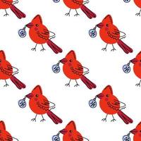 Northern red cardinal bird with christmas toy in beak seamless pattern. vector