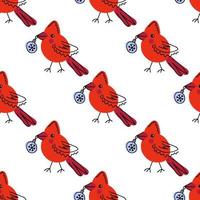 Northern red cardinal bird with christmas toy in beak seamless pattern. vector