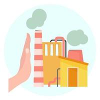 una mano y una fábrica con escapes de chimenea como símbolo contra la contaminación ambiental vector