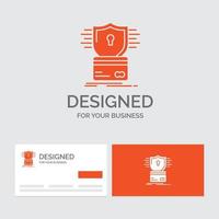 Business logo template for security. credit card. card. hacking. hack. Orange Visiting Cards with Brand logo template. vector