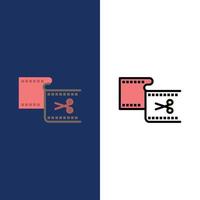 Clip Cut Edit Editing Movie  Icons Flat and Line Filled Icon Set Vector Blue Background