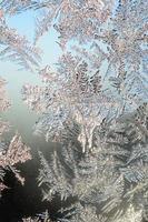 Snowflakes frost rime macro on window glass pane photo