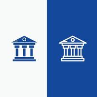 edificio del banco línea de servicio de dinero y glifo icono sólido banner azul vector