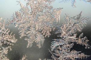 Snowflakes frost rime macro on window glass pane photo