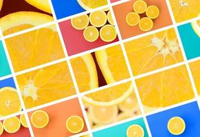 un collage de muchas fotos con jugosas naranjas. conjunto de imágenes con frutas y diferentes colores