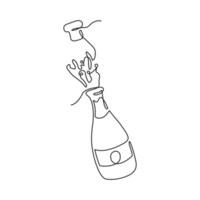 kontinuierliche einzeilige zeichnung der champagnerflasche. champagner-öffnung mit spritzer im line-art-stil. konzept von urlaub, sieg png