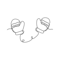 Continuous one line drawing of mittens. Cute hand drawn winter mittens on a rope with a pattern in linear style png