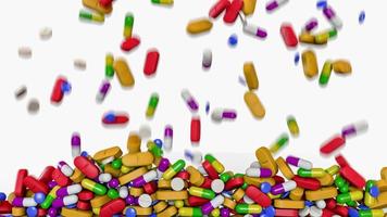 Colorful pills capsules motion falling down from above and filling the screen. Medicines background pattern texture with alpha channel. 3D rendering illustration video