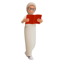 Young muslim woman reading book 3d cartoon illustration png