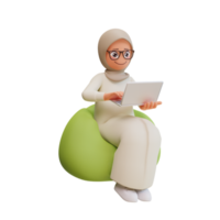 3d render cute muslim woman hold laptop png