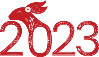 Chinese 2023 New Year Numeric. Zodiac Red Rabbit with White Floral Ornament png