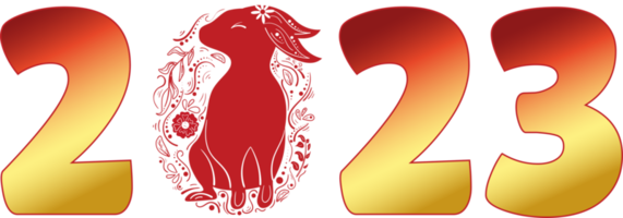 Chinese 2023 New Year Gradient Numeric. Zodiac Red Rabbit with Floral Ornament png