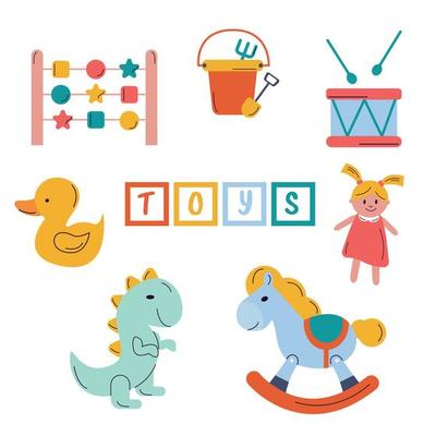 A collection of children's toys. Drum, doll, toys, dinosaur, pony, cubes