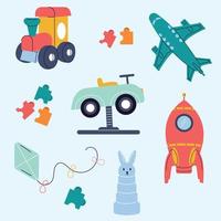 una colección de juguetes para niños. coche, máquina de vapor, cohete, avión, liebre, cometa vector