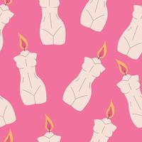 Bright seamless pattern with candle in shape of woman's body, flat vector illustration. Colorful pink background with concept of relaxation, aromatherapy. Great for wrapping paper.