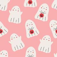 Cute ghost seamless pattern, cartoon flat vector illustration on pink background. Funny ghost flying with basket in shape of pumpkin, trick or treat concept. Adorable kids design.