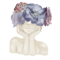 Sculpture of a girl's head with flowers. Watercolor illustration on a transparent background png