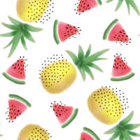 Watercolor pineapple and watermelon seamless pattern. Transparent background png