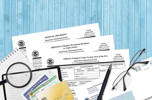 I-130 Petition for alien relative, I-485 Application to register permanent residence or adjust status and I-864 Affidavit of support under section 213A of the INA forms lies on table photo