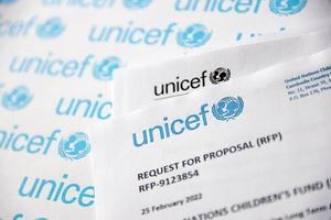 TERNOPIL, UKRAINE - MAY 2, 2022 Request for proposal for services from UNICEF - United Nations programm that provides humanitarian and developmental assistance to children photo