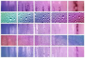 A collage of many different fragments of glass, decorated with rain drops from the condensate. Purple and violet tones photo