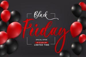 Black Friday sale poster. Seasonal discount banner with red and black balloons on dark background. Holiday design template for advertising shopping, closeout on thanksgiving day. vector