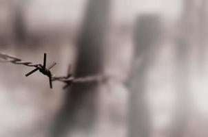 Macro shot of an element of old and rusty barbed wire with a blurred background. Fragment of a village fence of a territorial site photo