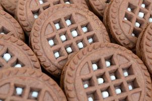 Detailed picture of dark brown round sandwich cookies with coconut filling close up. Background image of several treats for tea photo