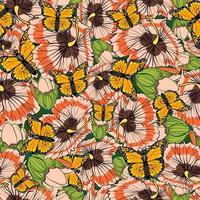 Seamless botanical pattern with monarch butterflies and hibiscus flowers vector