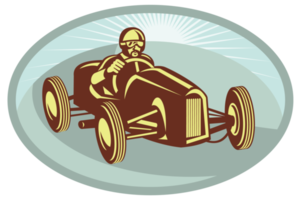 Vintage Race car driver racing with sunburst png