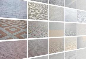 A collage of many pictures with fragments of paving tiles close-up. Set of images with pavement stone photo