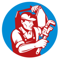 Plumber with monkey wrench and carrying toolbox png