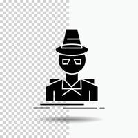 detective. hacker incógnito. espiar. icono de glifo de ladrón sobre fondo transparente. icono negro vector