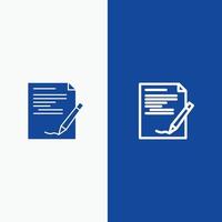 acuerdo papel documento nota línea de informe y glifo icono sólido línea de banner azul y glifo icono sólido vector