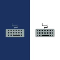 teclado clave hardware educación iconos plano y línea llena conjunto de iconos vector fondo azul