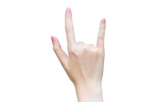 Female hand acts sign as I love you symbol on isolated white background. photo