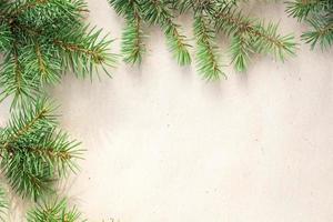 fir branches border on light rustic background, good for christmas backdrop photo