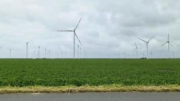 View from a moving car of large wind turbines at a large wind farm in northern Germany. video