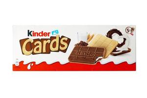 TERNOPIL, UKRAINE - JUNY 3, 2022 Kinder Chocolate Cards product pack. Kinder is a confectionery product brand line of multinational confectionery Ferrero.