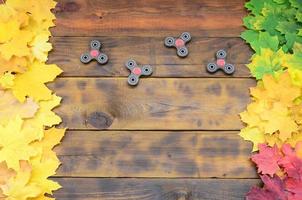 Several spinners among the many yellowing fallen autumn leaves on the background surface of natural wooden boards of dark brown color photo