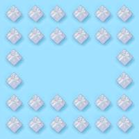 Frame of blue gift boxes lies on texture background of fashion pastel blue color paper in minimal concept photo