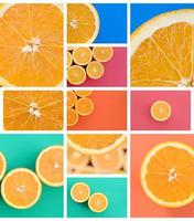 un collage de muchas fotos con jugosas naranjas. conjunto de imágenes con frutas sobre fondos de diferentes colores