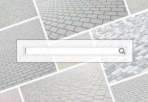 Visualization of the search bar on the background of a collage of many pictures with fragments of paving tiles close-up. Set of images with pavement stone photo