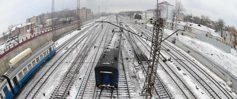 Kharkiv landscape with railroad tracks near the South Railway Station. Fisheye photo with artistic distortion