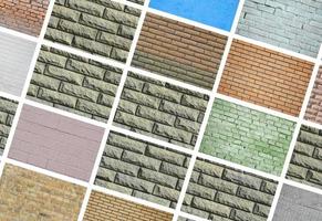A collage of many pictures with fragments of brick walls of different colors close-up. Set of images with varieties of brickwork photo