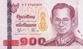 King Bhumibol Adulyadej on 100 Baht Thailand money bill close up photo