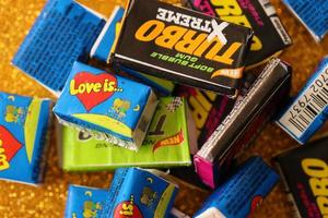 TERNOPIL, UKRAINE - MAY 28, 2022 Turkish retro chewing gums Turbo extreme and Love is with nostalgic design from 80s photo
