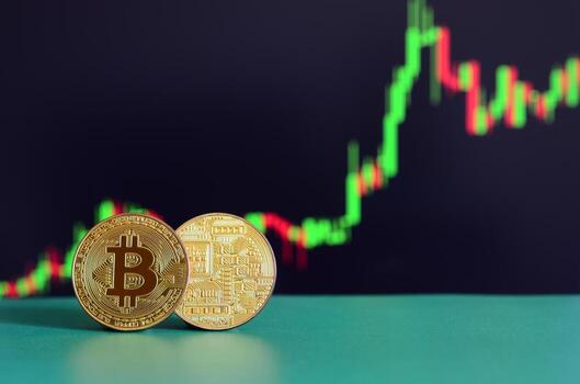 Two gold bitcoins lie on the green surface on the background of the display, which depicts the growth of the position on the chart photo