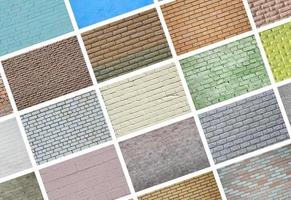 A collage of many pictures with fragments of brick walls of different colors close-up. Set of images with varieties of brickwork photo