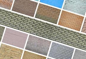 A collage of many pictures with fragments of brick walls of different colors close-up. Set of images with varieties of brickwork photo